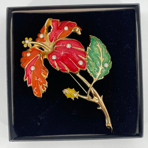 Vtg. 1994 Avon Hibiscus Enameled Brooch Jose Maria Barrera, Rhinestones, Signed - Picture 2 of 7